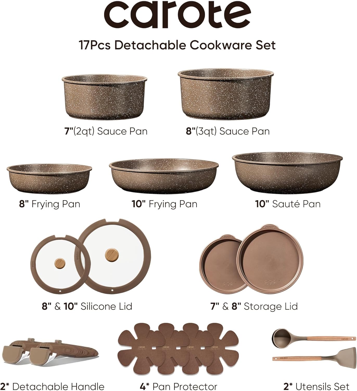 CAROTE 17PCS Pots and Pans Set Non Stick with Detachable Handle, Nonstick Cookware Sets, Cooking Kitchen Set, Oven/Dishwasher Safe, Induction Cookware, Brown, RV Kitchen Pot and Pan