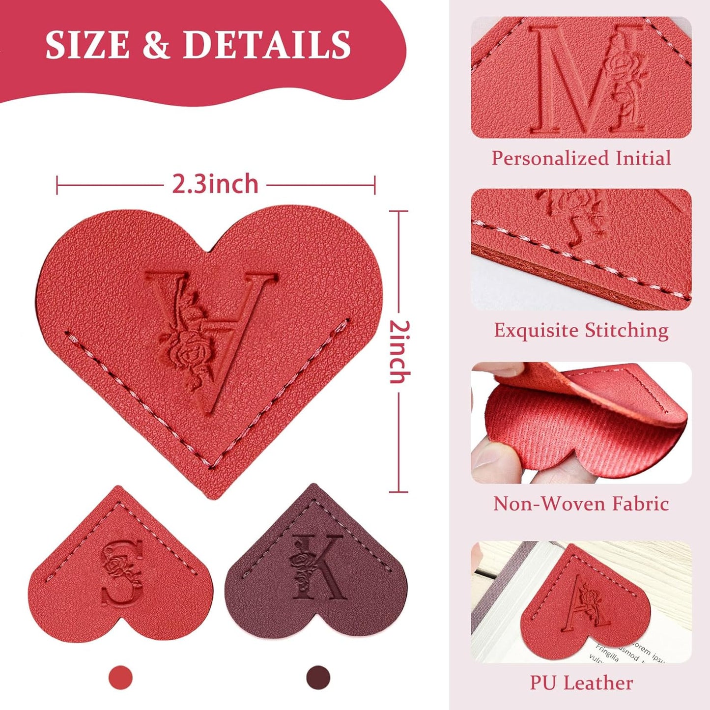 2Pcs Personalized Heart Leather Cute Bookmarks, Custom Initial Bookmarks Corner Book Mark Reading Accessories Christmas Small Gifts Stocking Stuffers for Women Readers Book Lovers Teachers, A
