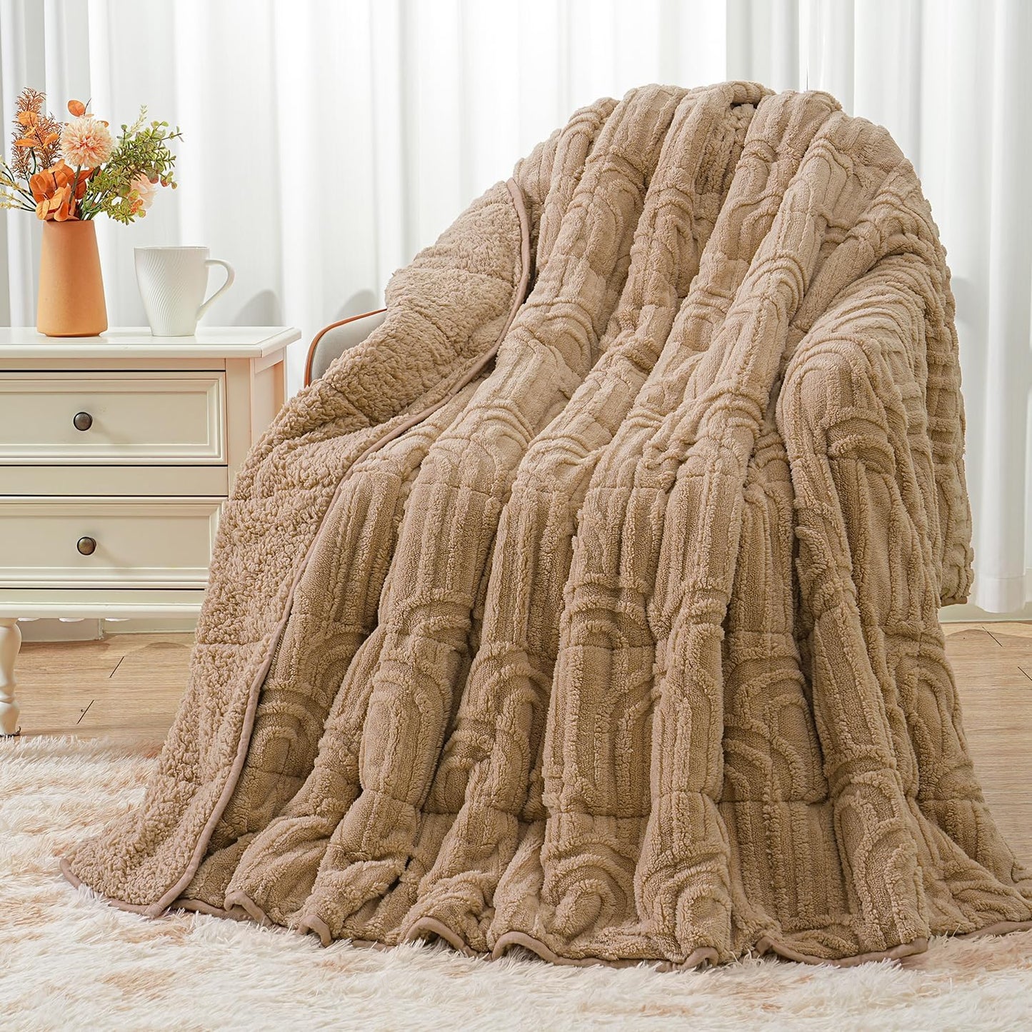 Wemore Jacquard Fleece Weighted Blanket Queen Size 60" x 80" 15lbs, Ultra Soft Cozy Sherpa Weighted Blankets for Adults, Ultra Fuzzy Heavy Blanket for Sleep, Fluffy Warm Throw for Bed, Brown
