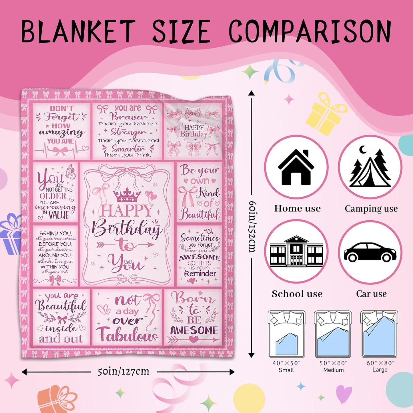 Pink Bow Birthday Gifts for Women Girls Throw Blanket 50"x60", Happy Birthday Decorations for Womens Pink, Gifts for Women Bday Unique, Womens Birth Day Gift Ideas for Her Teen Girl Sister Friend