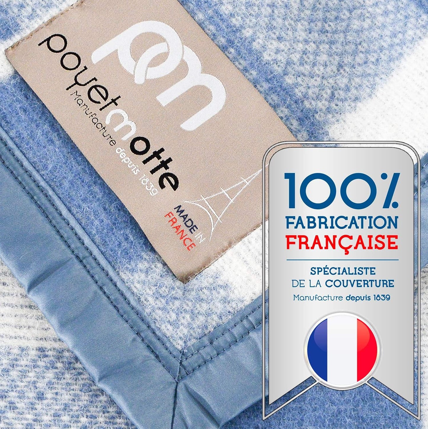 Poyet Motte Rivoli Solid 400GSM 100% Virgin Wool Blanket, Medium/Heavy Weight, Machine Washable (Blue/Natural Plaid, Twin Size)