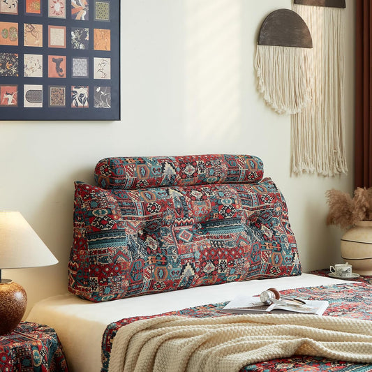 Boho Headboard Pillow for Full, Large Triangular Wedge Pillow for Headboard Gap, Daybed for Sitting Up in Bed, Couch or Sofa with Removable Washable Cover and Side Pockets, Sparks Bloom