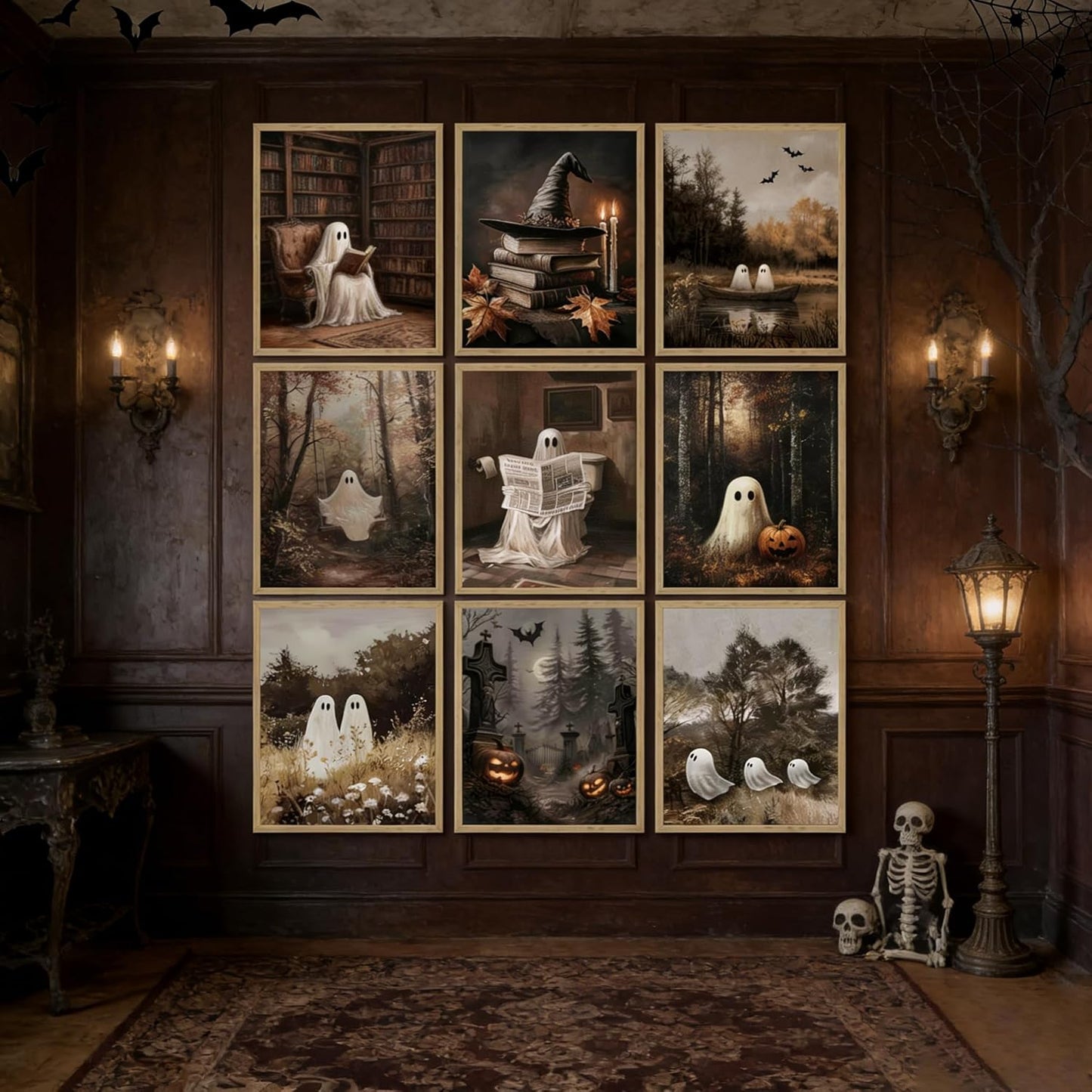 Vintage Ghost Halloween Canvas wall art Aesthetic Farmhouse paintings pictures wall decor Retro fun ghost reading book poster printing Artwork for Gallery Wall Living Room Bedroom Home decoration