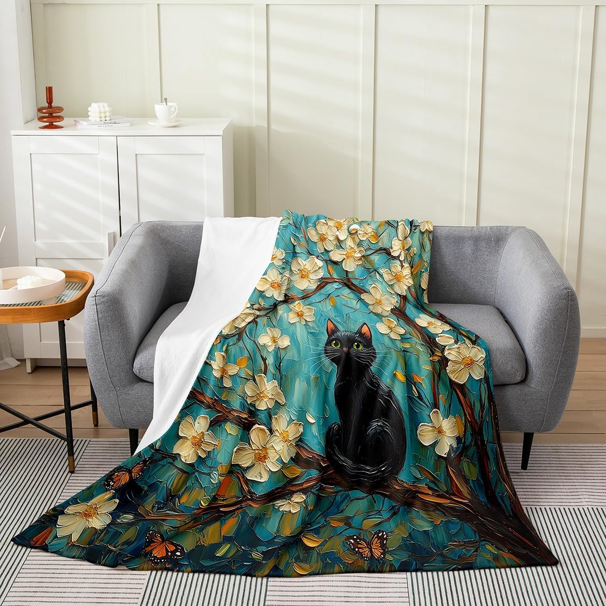 Feelyou Oil Painting Styles Floral Black Cat Plush Throw Blanket,Vintage Black Cat Bed Blanket Queen 90"x90",Kids Boys Girls Room Decor,Cute Animal Cat Flannel Fleece Blanket,Floral Cat Blanket