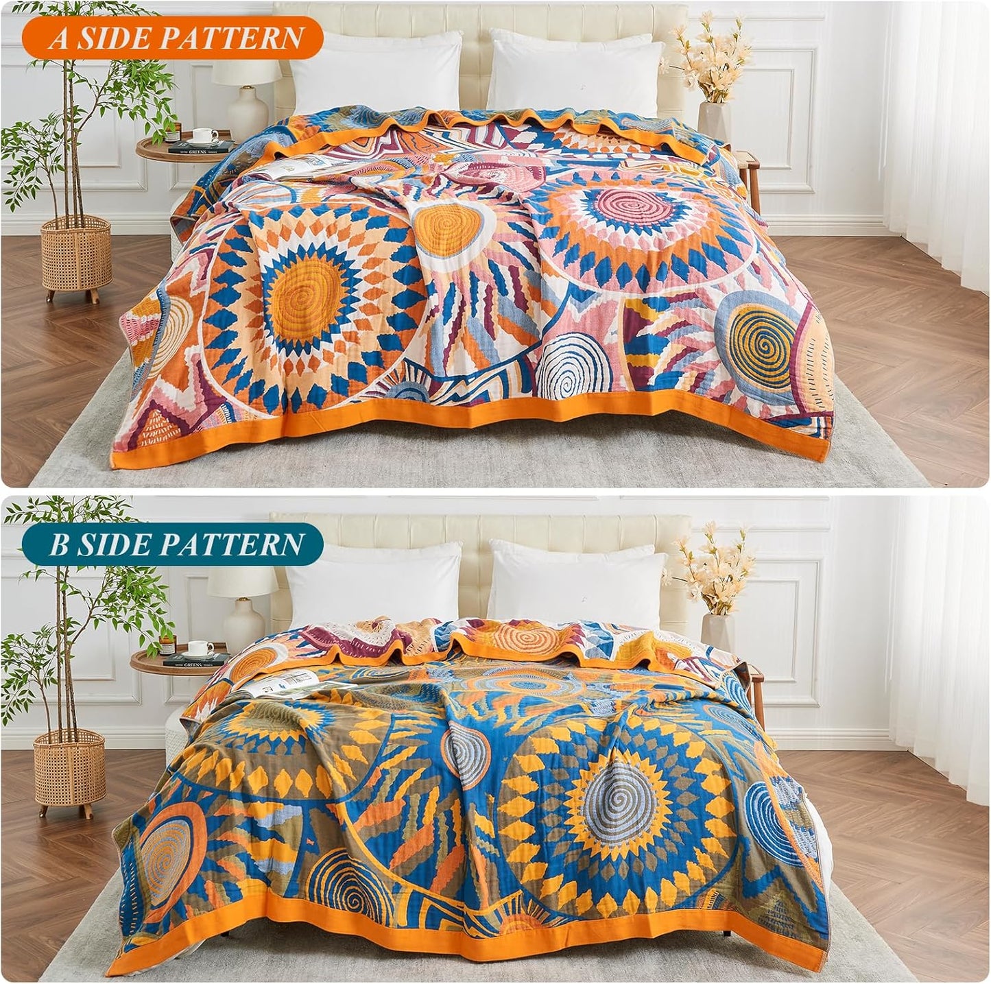 Boho Throw Blanket for Bed-100% Cotton Soft Breathable Farmhouse Decor Boho Quilt for Sofa (Colorful Sun, 60"x80")