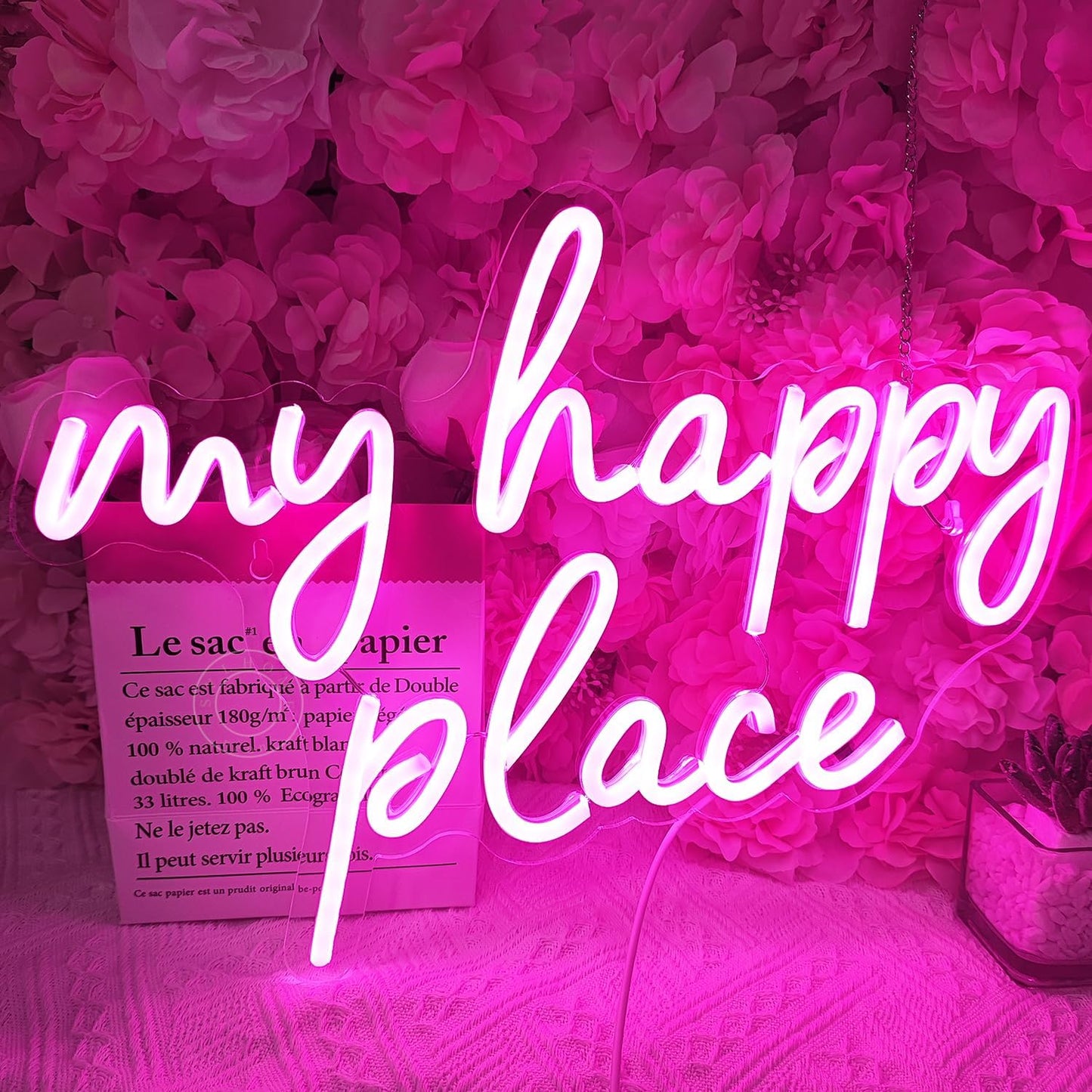 SYLHOME Pink My Happy Place LED Neon Light Sign USB Girls Babys Bedroom Living Room Kitchen Wall Decor Sign Wedding Birthday Party Sign Christmas Gifts 15.8" X 11.2" 5V Teens