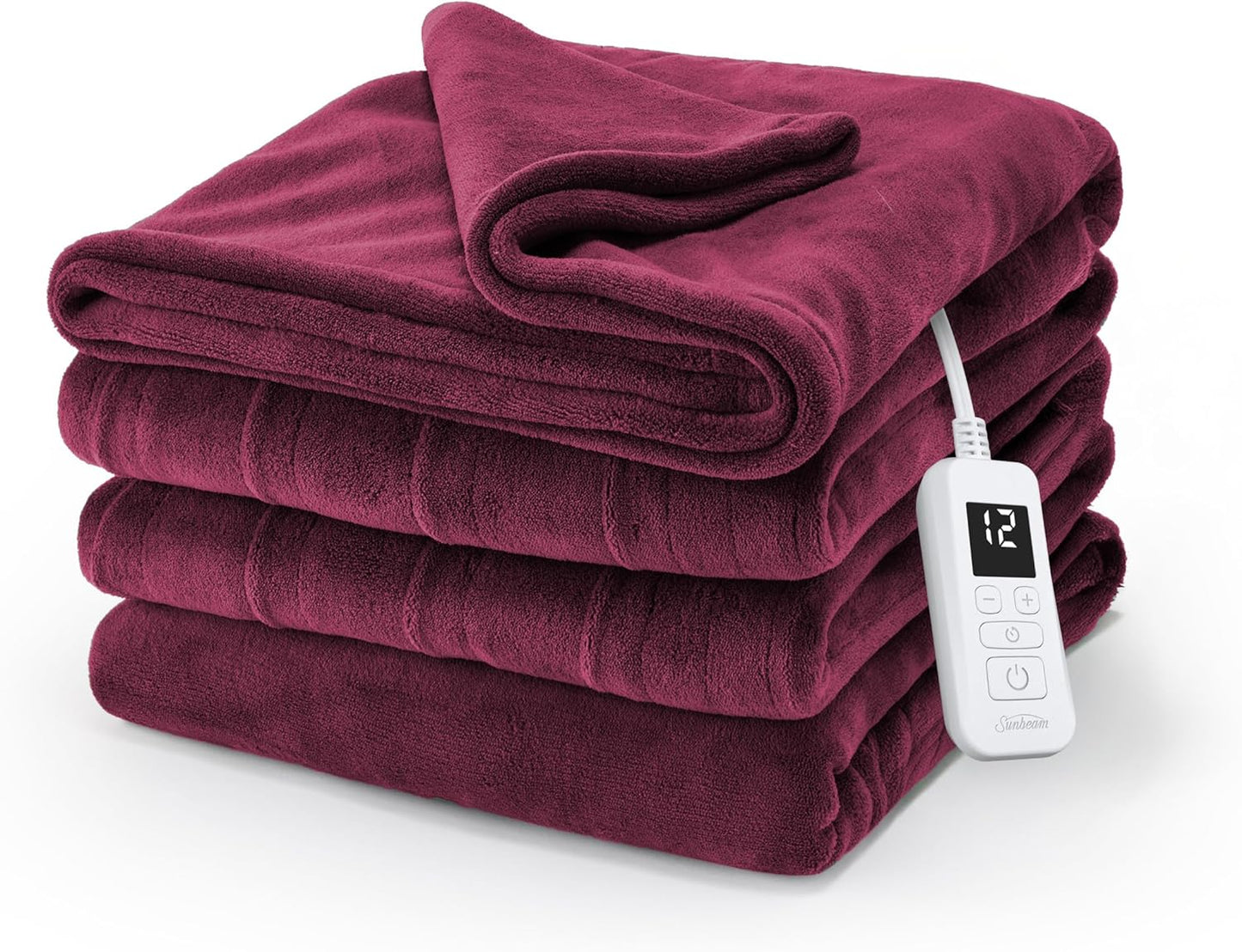 Sunbeam Electric Royal Luxe Microplush Heated Blanket, 12 Heat Settings, 12-Hour Selectable Auto Shut-Off, Fast Heating, Warm and Cozy, Cabernet Color, Full, 84" x 72"