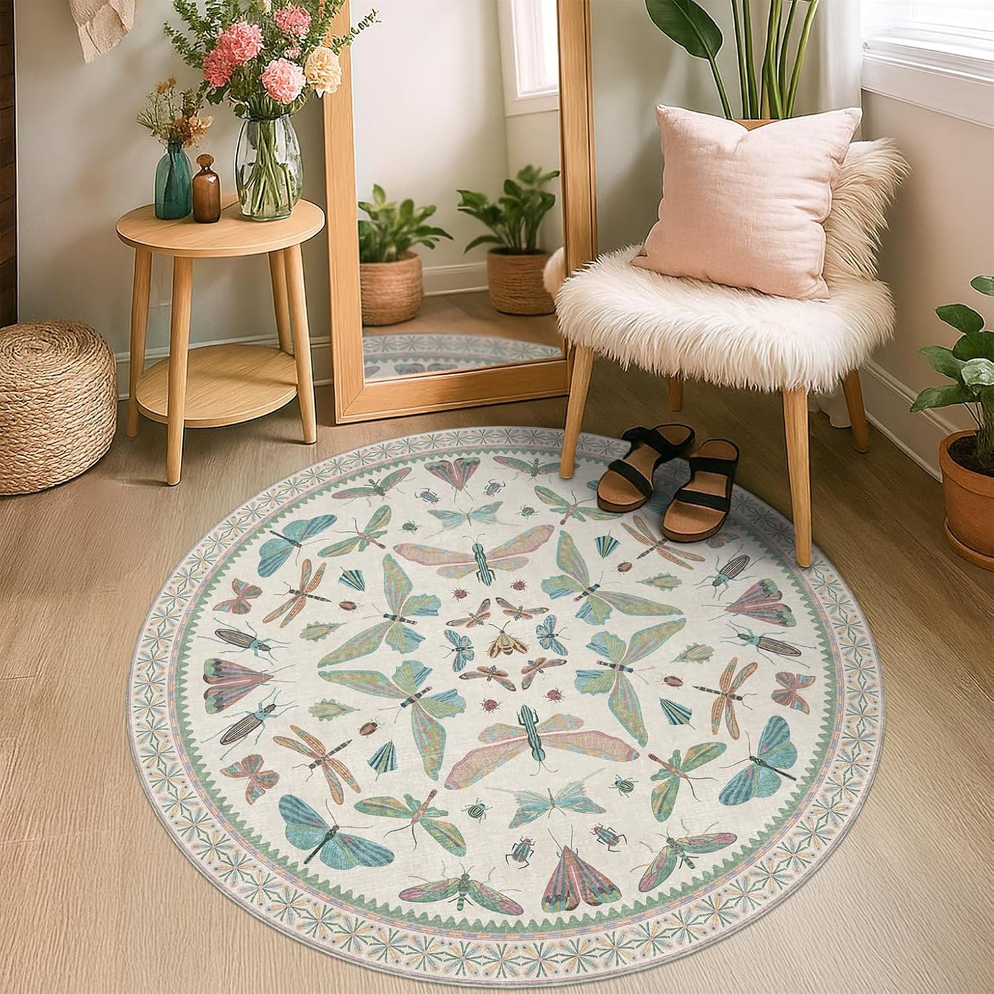 Cream Round Rugs 4ft for Living Room - Soft Washable Small Circle Throw Rugs for Kids Bedroom, Baby Nursery, Playroom, Reading Corner, Insect Stain Resistant Floor Carpet, Beige Green