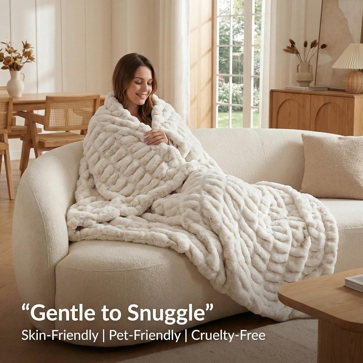 Luxury Concepts Soft Faux Rabbit Fur Throw Blanket - 50" x 60", Elegant Ruched Design Blanket, Machine Washable and Wrinkle Resistant, Lightweight Beige Throw Blanket for Couch, Sofa and Bed