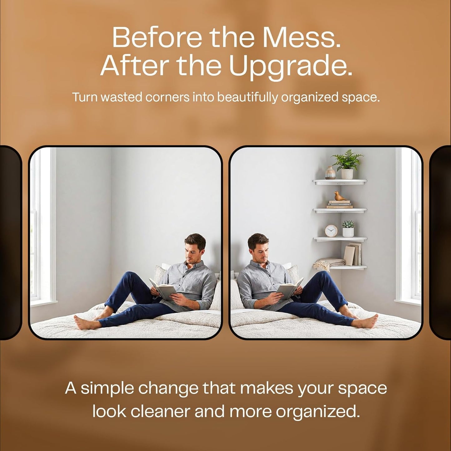 White Corner Floating Shelves for Wall – Set of 4, Rounded Wood Wall Mounted Corner Shelf with Hardware, Space Saving Decorative Storage for Kids Room, Bathroom, Living Room, Office – White