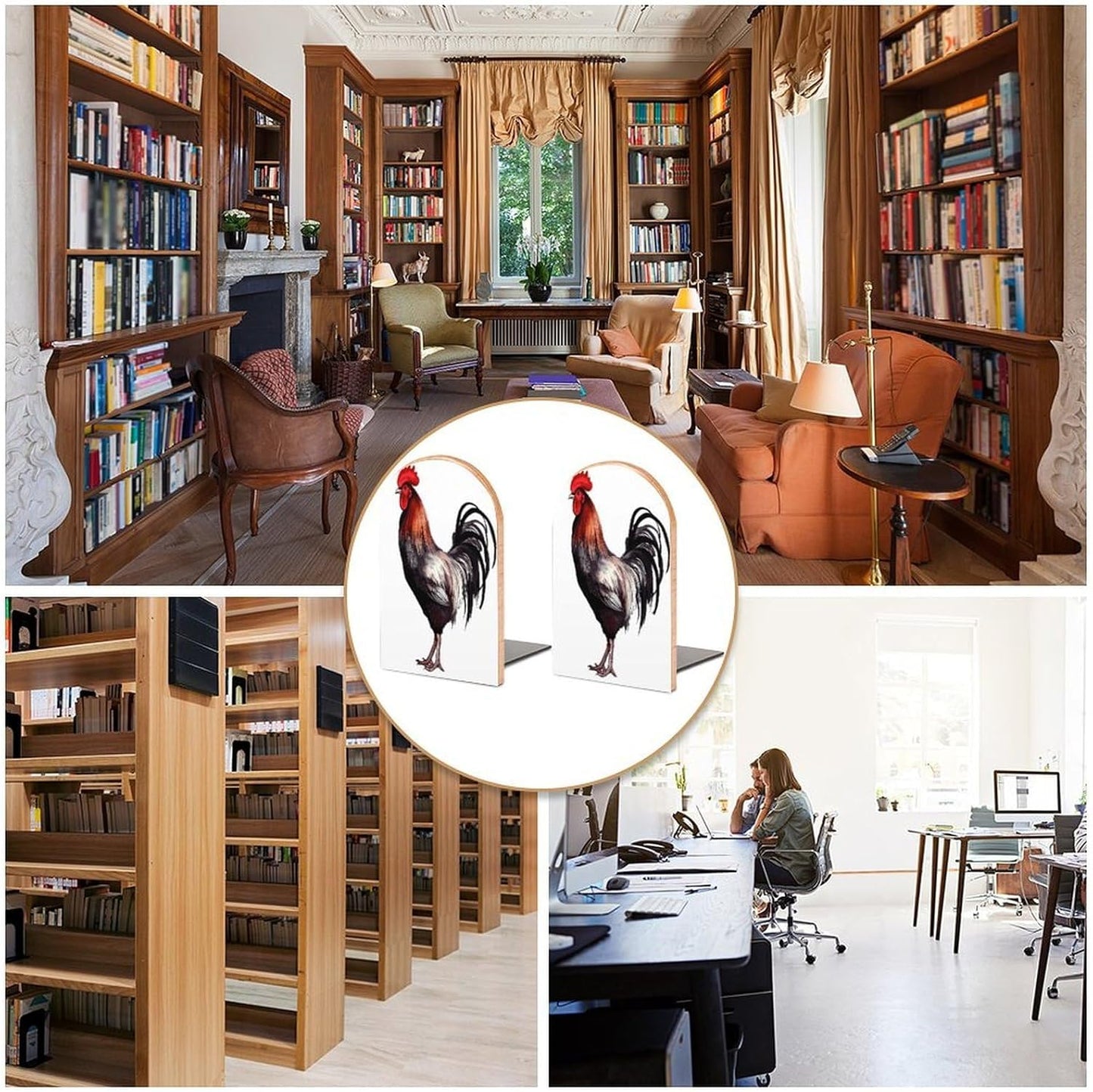 Rooster Bookends 1 Pair Heavy Duty Book Ends for Shelves Non-Skid Bookend Supports Wooden Book Holders with Metal Base Desk Organizers Books Storage to Hold Books