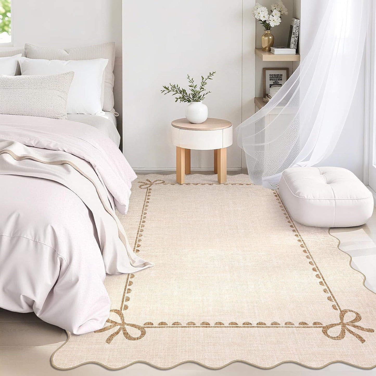 GarveeHome Scalloped Bow Rug for Living Room, Solid Beige Rug for Dorm, Washable Rugs 5x7 Soft Low Pile Non Slip Scalloped Rugs for Nursery College Bedroom Decor Kids Room Playroom