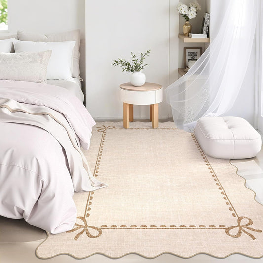 GarveeHome Scalloped Bow Rug for Living Room, Solid Beige Rug for Dorm, Washable Rugs 5x7 Soft Low Pile Non Slip Scalloped Rugs for Nursery College Bedroom Decor Kids Room Playroom
