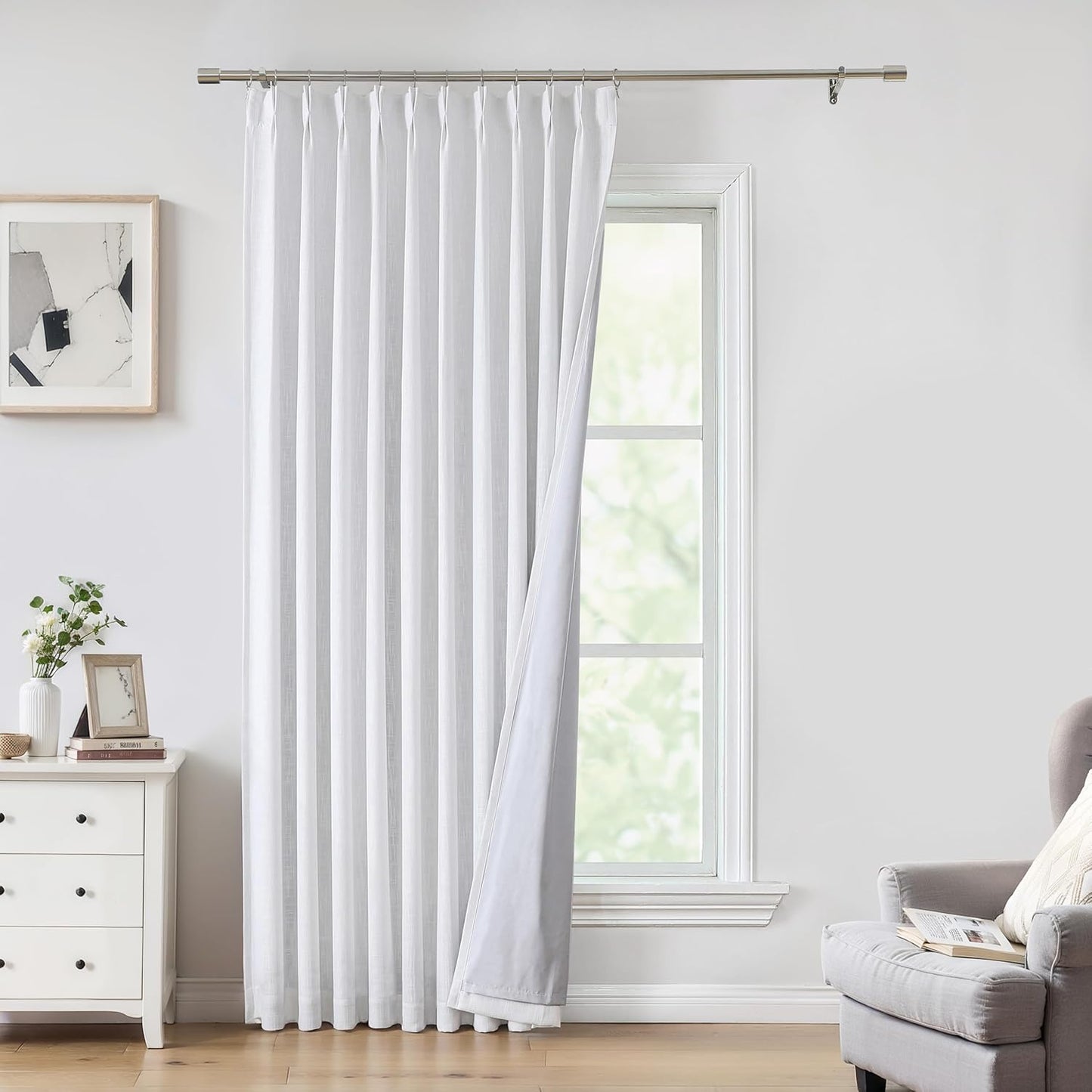 White Pinch Pleated Full Blackout Curtains Linen Texture Thermal Insulated Window Treatment Panel 84 Inch Long for Living Room Bedroom Noise Reducing Back Tab Drapes with Hooks, 1 Panel, 60"Wx84"L