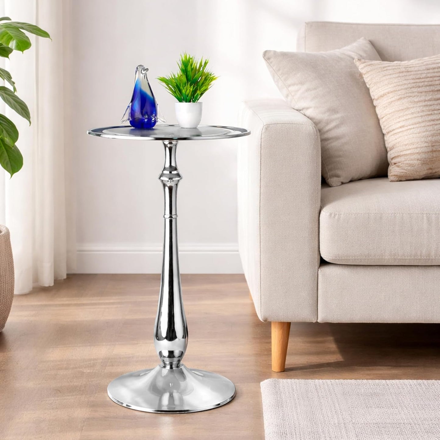 End Table, Modern Side Table for Living Room, Bedroom Nightstand, Small Coffee, Space - Saving, Round Beside Tables for for Living Room and Balcony, Easy Assembly 15x22 (Silver)