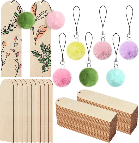 30 Pcs Wooden Bookmark,5.7x1.5 in Blank Bookmarks to Decorate with 30 Pcs Colorful Pom Pom Bookmark Tassels,Wooden Bookmarks for Books, Keys, Bags