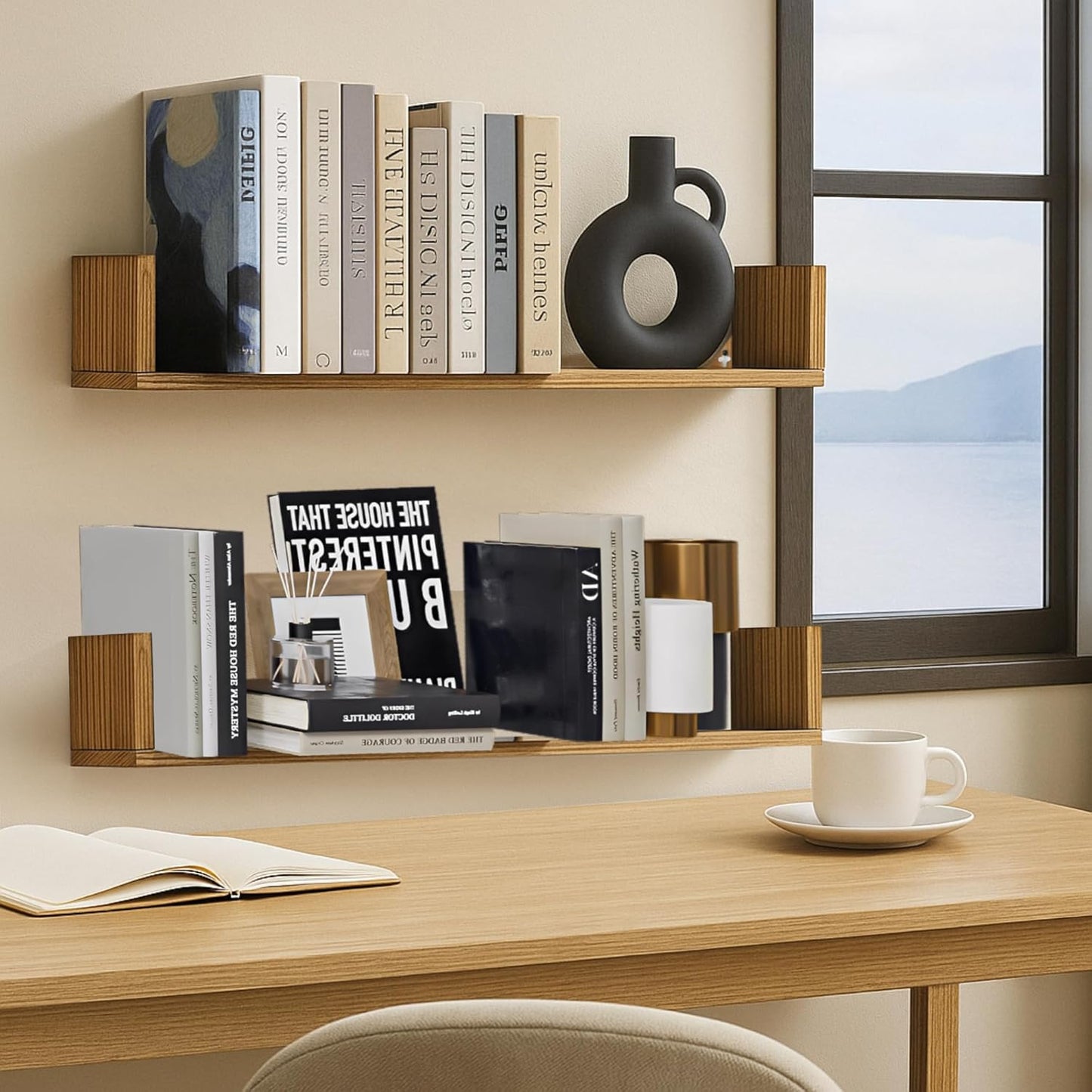 Floating Book Shelves,32 Inches Wall Bookshelf U Shaped,Long Hanging Bookshelf for Wall,Large Rustic Storage Books Shelves for Living Room Kitchen Bathroom Office,Set of 4(Carbonized Black)