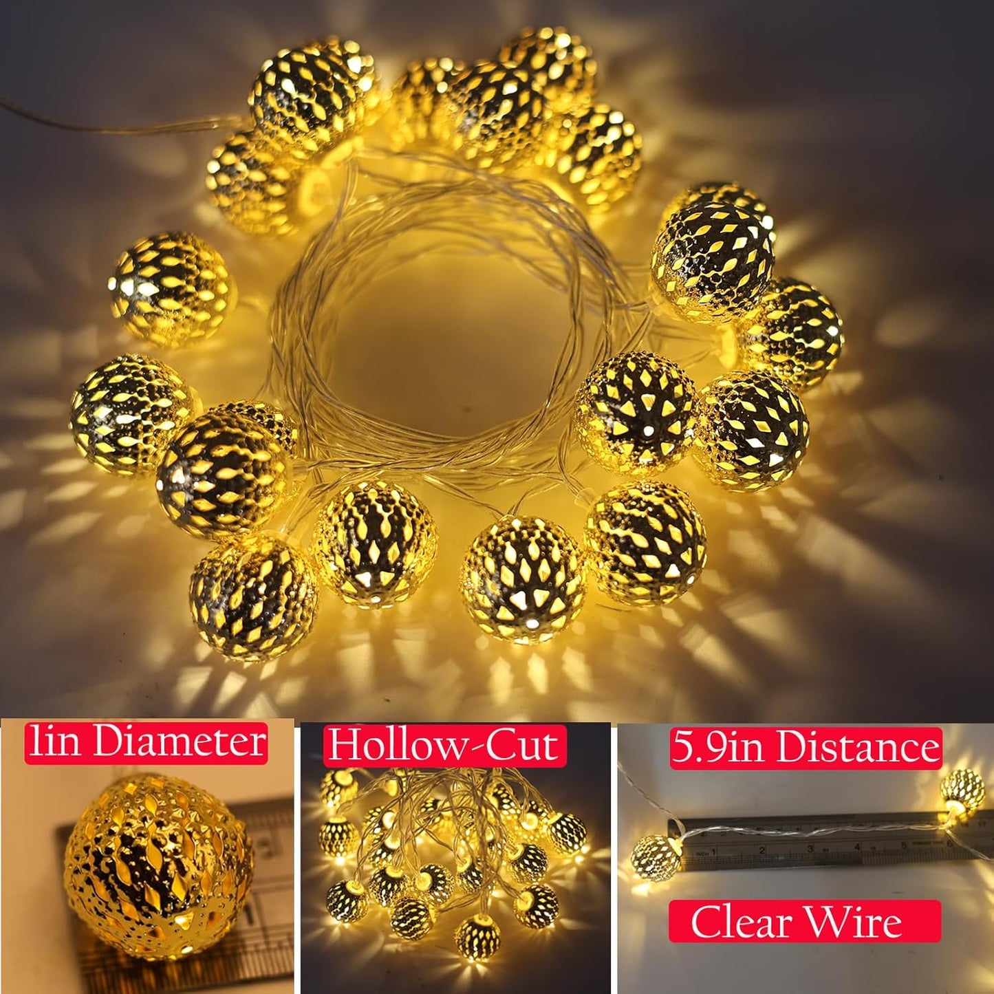USB & Battery Operated Fairy Moroccan String Lights for Home Bedroom Decor, 9.8ft 20 LED Decorative Metal Gold Globe Lanterns 8 Modes Diwali Decoration for Christmas Birthday Boho Party (Warm White)