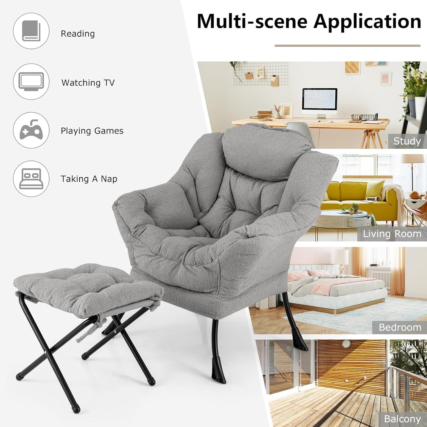 HOMGX Lazy Chair with Ottoman, Modern Accent Chair w/Folding Footstool & Side Storage Pocket, Upholstered Comfy Reading Chair for Bedroom, Living Room, Office (Grey)