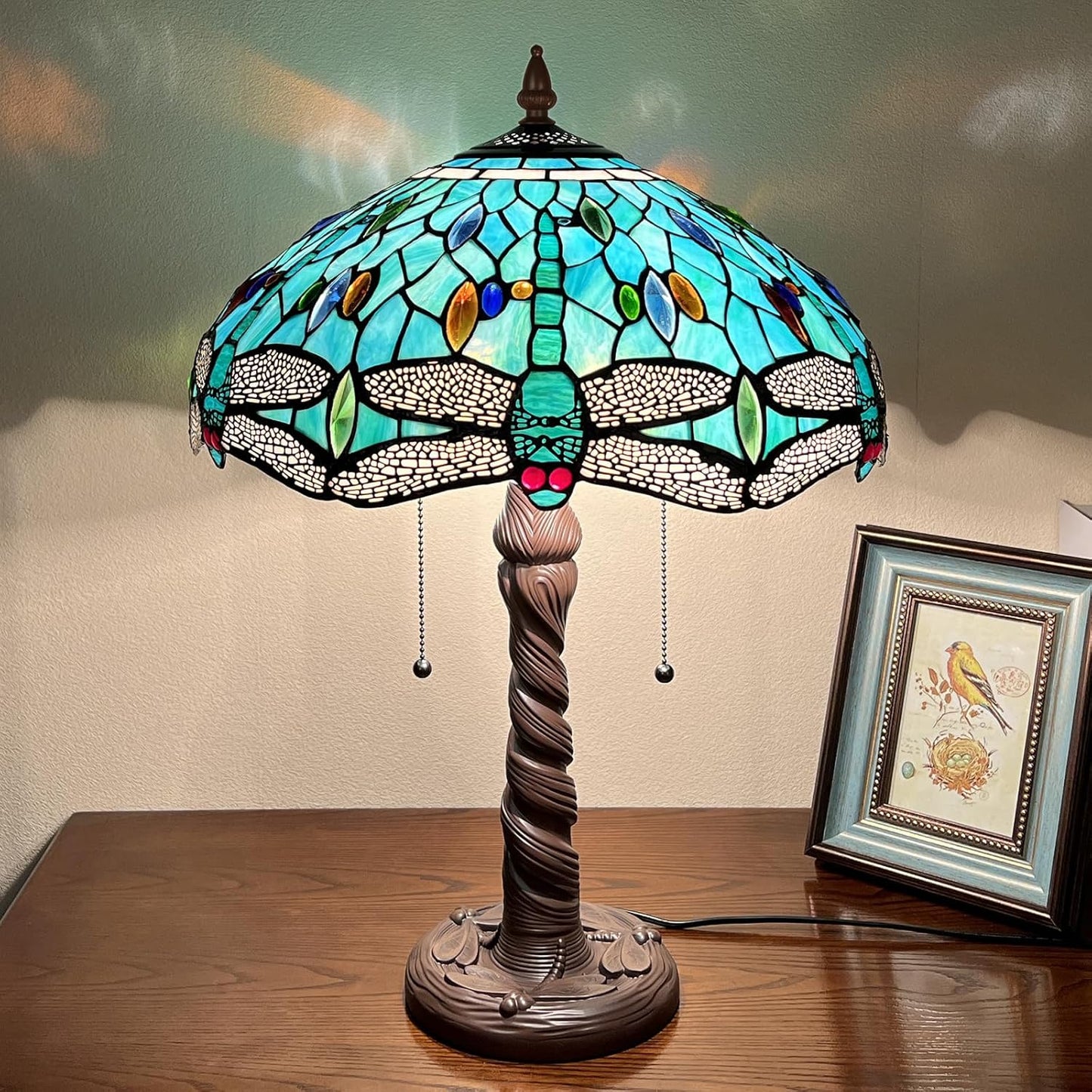 Capulina Tiffany Table Lamp, Sea Grass Dragonfly Antique Style Stained Glass Reading Desk Lamp 16x16x24 Inches for Home Office Living Room Bedrooms Study