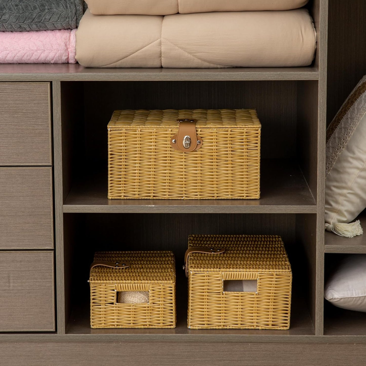 Wicker Storage Baskets with Lids, Set of 3 Decorative Storage Boxes For Organizing, Woven Baskets with Leather Lock and Handles (Beige)