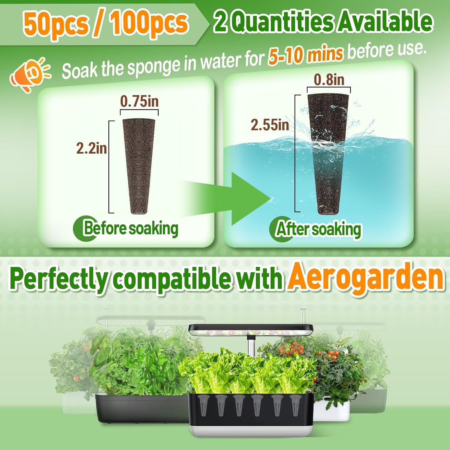 Alphatool 100 Pack Grow Sponges Replacement Compatible with AeroGarden - Seed Starters Pods for Improving Germination Rate Speed, Seeds Starting Kit for Indoor Garden Hydroponics Growing System