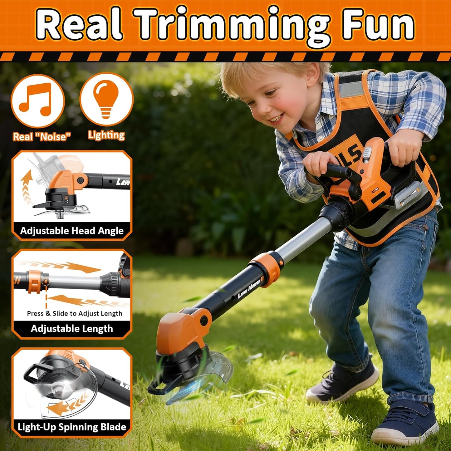 KidBloom Kids Gardening Tools Set with Vest, 2-in-1 Kids Lawn Mower & Kids Leaf Blower with Lights & Sounds, Toy Weed Wacker with Goggles & Mask, Outdoor Pretend Play Toys, Birthday Gifts for Boys 3+
