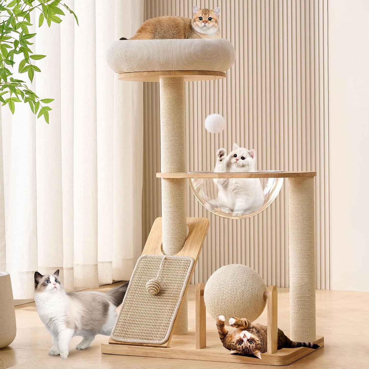 HITTITE Solid Wood Cat Tree Tower with Scratching Post, 37.8 Inches Tall Cat Towers with Scratching Board and Scratcher Ball, Modern Cat Tower With Space Capsule and Removable Top Bed for Indoor Cats.