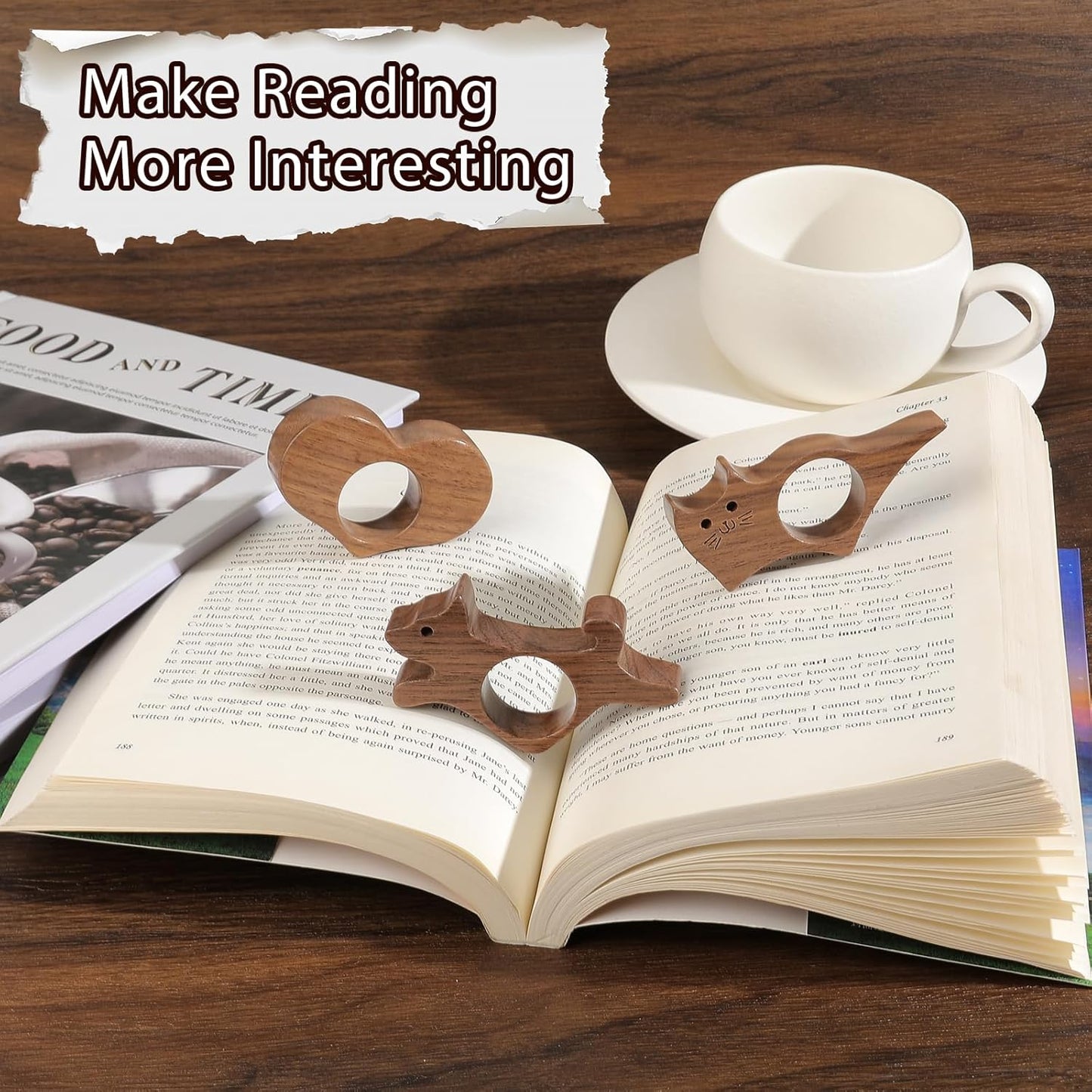 3Pcs Walnut Book Thumb Page Holder Set Cat Dog Bird Bat Bookmark Heart Beard Wood Thumb Bookmarks Christmas Gifts for Women Men Readers Writer Book Lover (PH0678-Heart+Cat+Dog)