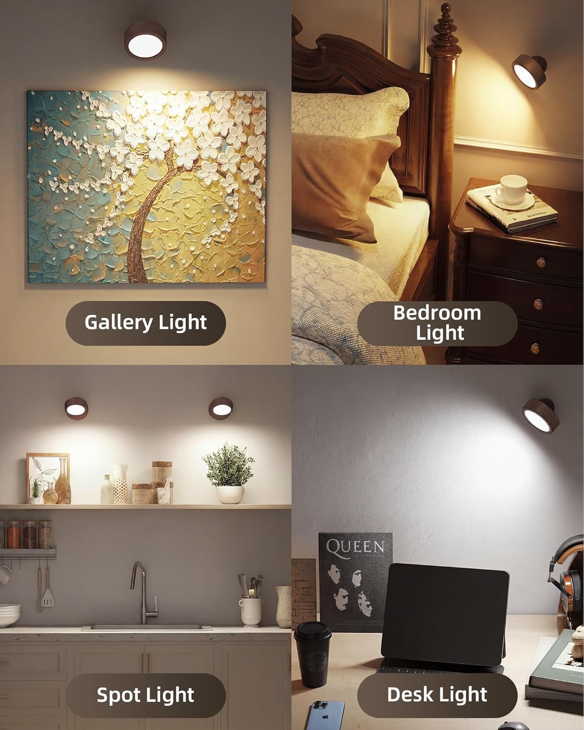 EZVALO LED Wall Mounted Light, 3000mAh Rechargeable Cordless Wall Sconce, Dimmable with Remote & Touch Control, 3 Color Temps, 360° Rotatable for Bedroom, Bedside, Reading(Walnut, 2Pack)