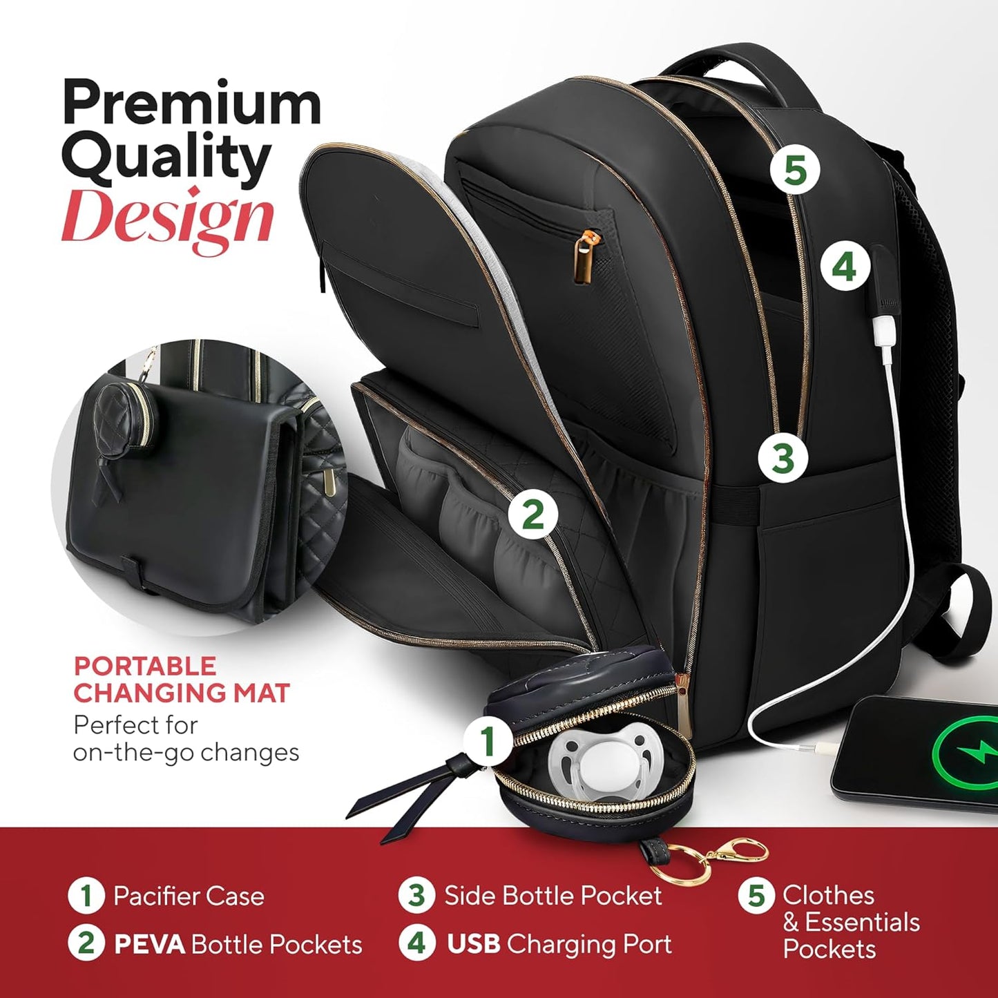 Large PU Leather Diaper Bag Backpack Set (3-Piece) – Baby Bag with Large Changing Pad, Insulated Warm/Cool Bottle Pockets Organization, Newborn Essentials Travel Gift for Mom & Dad, Best Baby Shower