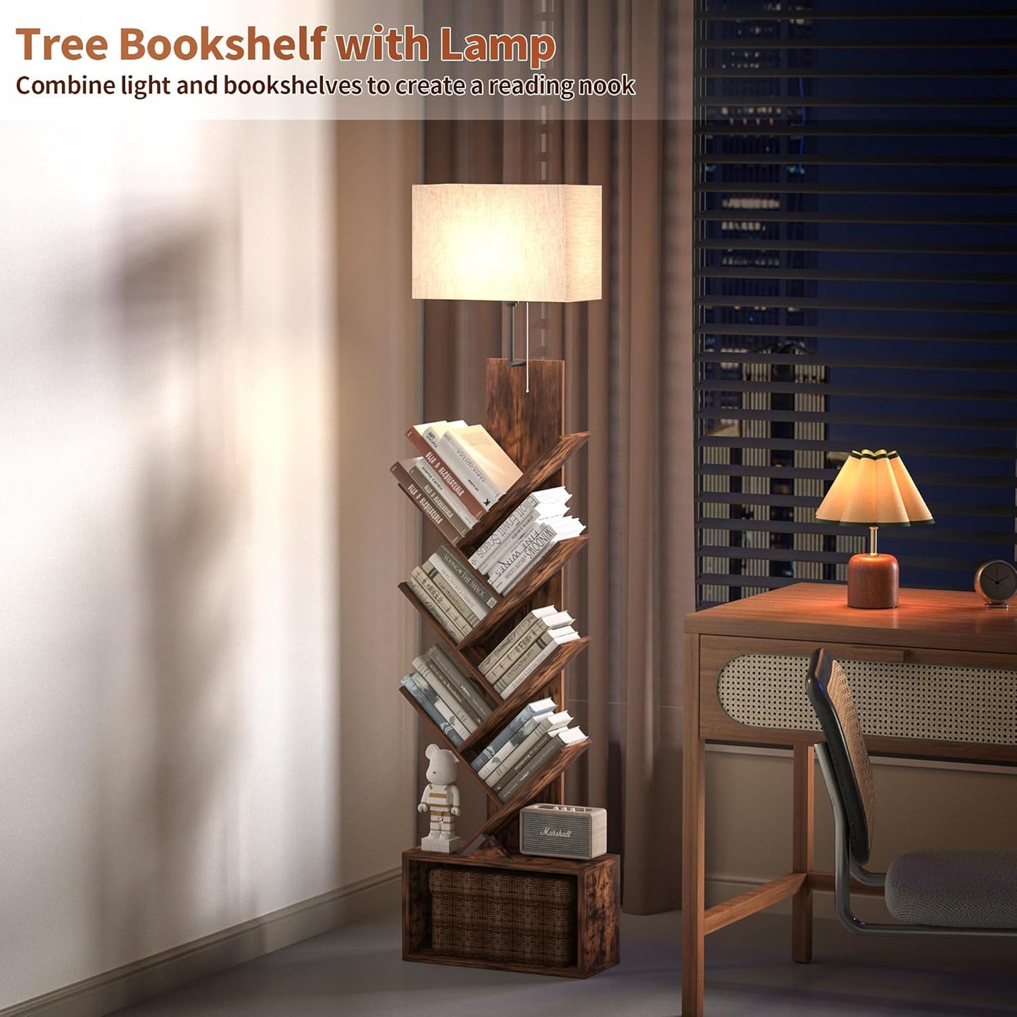 3-Tier Tree Bookshelf with 3-Color LED Lights, Small Narrow Tall Floor Standing Bookcase with Storage Organizer, Rustic Brown Book Shelf for Living Room, Bedroom, Home Office