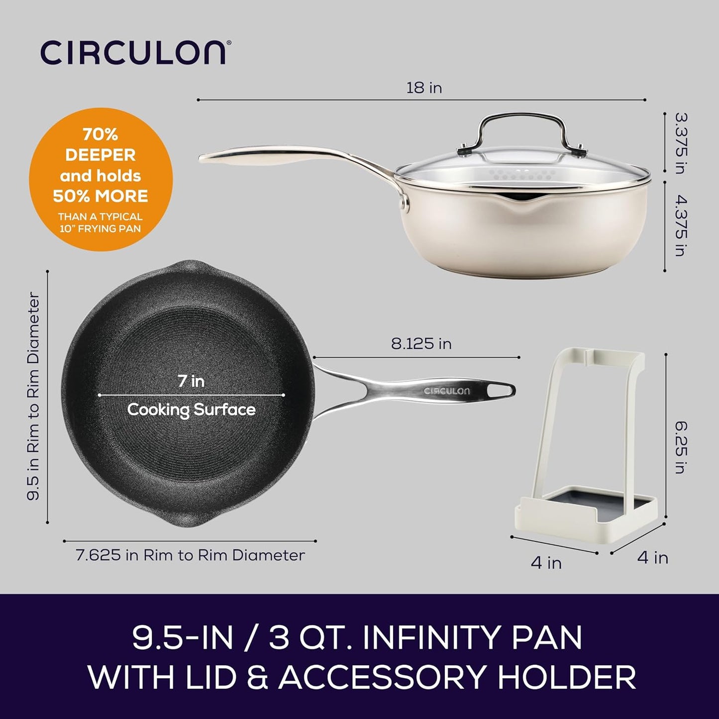Circulon Infinity Pan with ScratchDefense Nonstick Cookware, Induction Suitable, Dishwasher Safe with Multipurpose Tool Holder and Lid, 9.5 Inch (3.2-Quart), Multipan, Metal Utensil Safe - Platinum