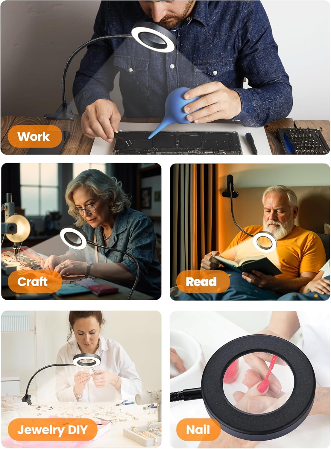 10X Magnifying Glass with Light,5 Colors+10 Brightness Reading Lamp,58 LED Magnifier with Light,750 Lumen Lighted Magnifying Glass for Reading,Clip on Lamp for Desk/Bed/Work/Nail [Adapter]