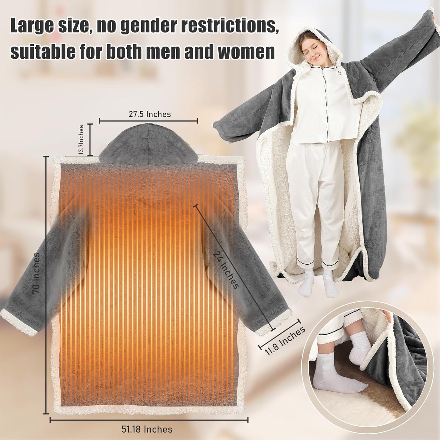 Wearable Heated Blanket with Foot Pocket & Hood, Electric Snuggle Blankets with Sleeves, 6 Heating Levels & 1-4H Auto Shut-Off, Machine Washable, Housewarming & Gift, 50 * 70"+16", Dark Gray