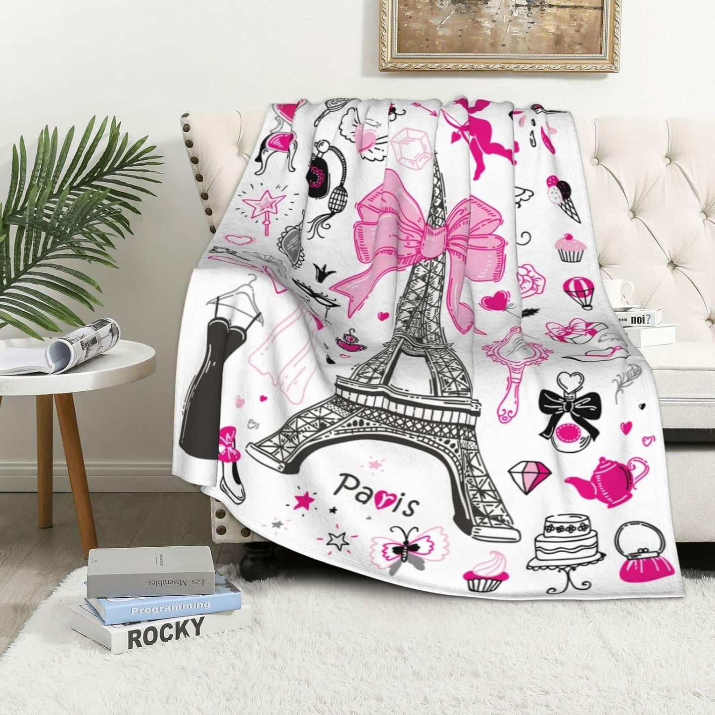 Romantic Paris Throw Blanket Girly Pretty for Women Girls Super Soft Warm Bed Bedding Blankets for Couch Bedroom Sofa Office Decor, All Season Cozy Flannel Plush Blanket Gifts, 60 X 40 Inch