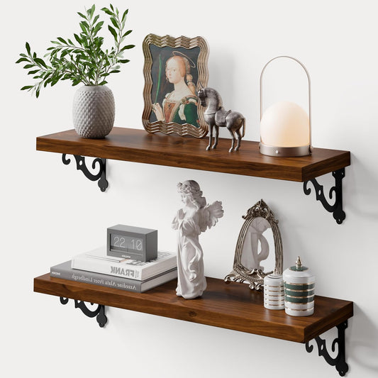 Solid Wood Floating Shelves for Wall with Metal Brackets,2 Tier 24 inch Pinewood Wall Shelf,Suitable for Multiple Places Such As Bedrooms,Kitchens,and Living Rooms(Walnut Finish)