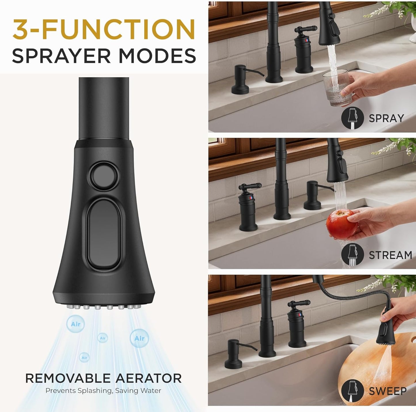 FORIOUS 2 Hole Black Kitchen Faucet with Pull Down Sprayer, Stainless Steel Rustic Kitchen Sink Faucet 3 Spray Modes with Single Seperate Handle, Suitable for Farmhouse Outdoor Camper Rv Bar