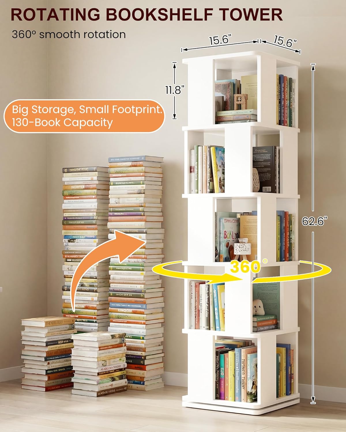 Foxemart 5-Tier Rotating Bookshelf Tower, 360° Spinning Modern Book Storage Bookcase, Stable Display Corner Book Shelf for Kids Room, Living Room, Bedroom, Home Office, White