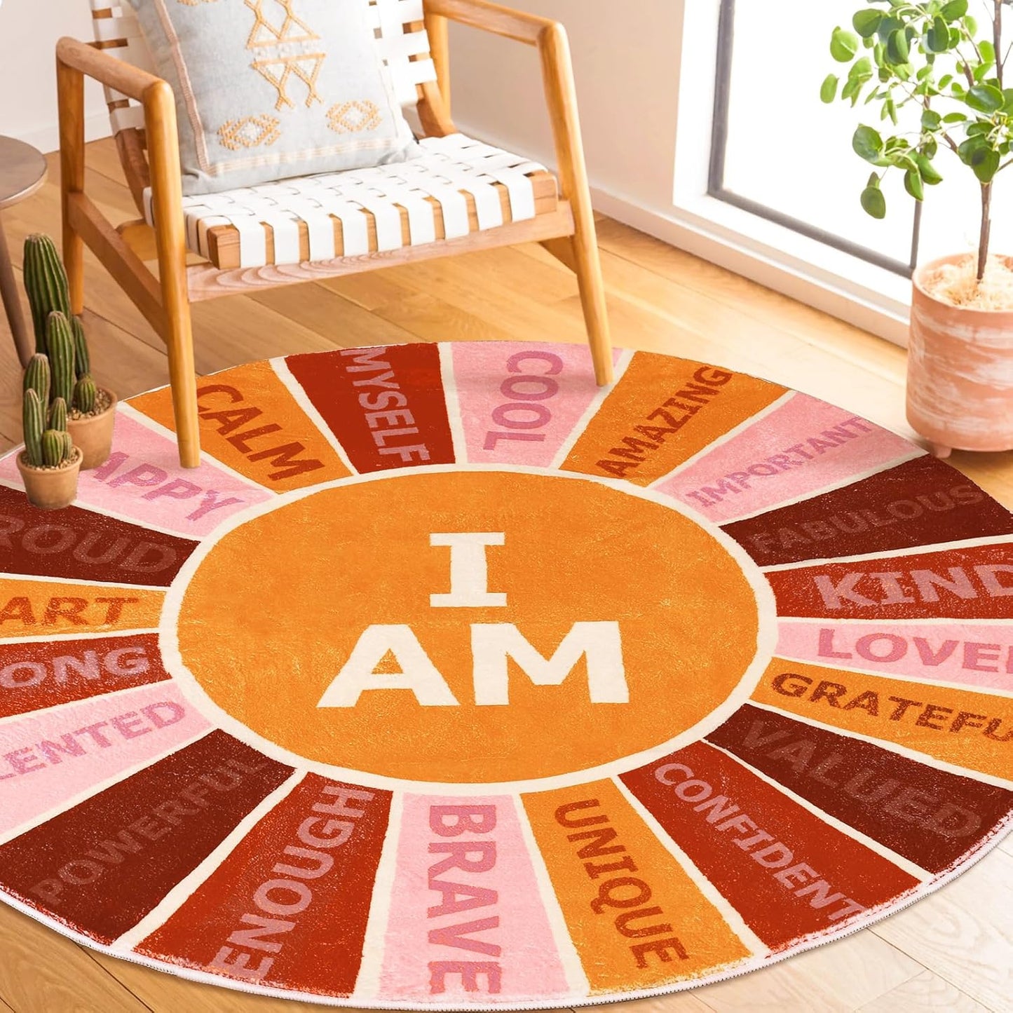 Boho Round Rug 4 Ft Retro Colorful Sun Rainbow Positive Words Area Rug Soft Motivational Carpet for Back to School Classroom Home Kindergarten Dorm Bedroom Reading Nook Playroom Decor
