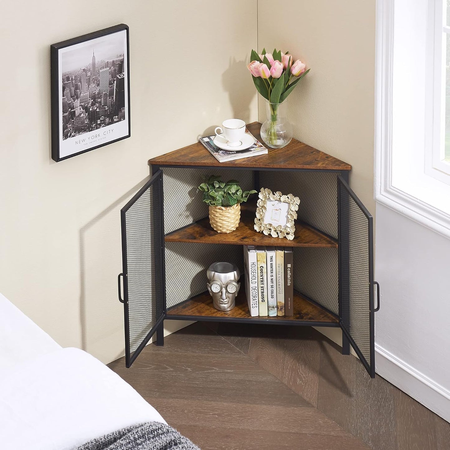 VECELO Corner Cabinet with Two Doors and Shelves, Free-Standing Storage Organizer for Small Space in Living Room/Bedroom/Kitchen, Brown and Black