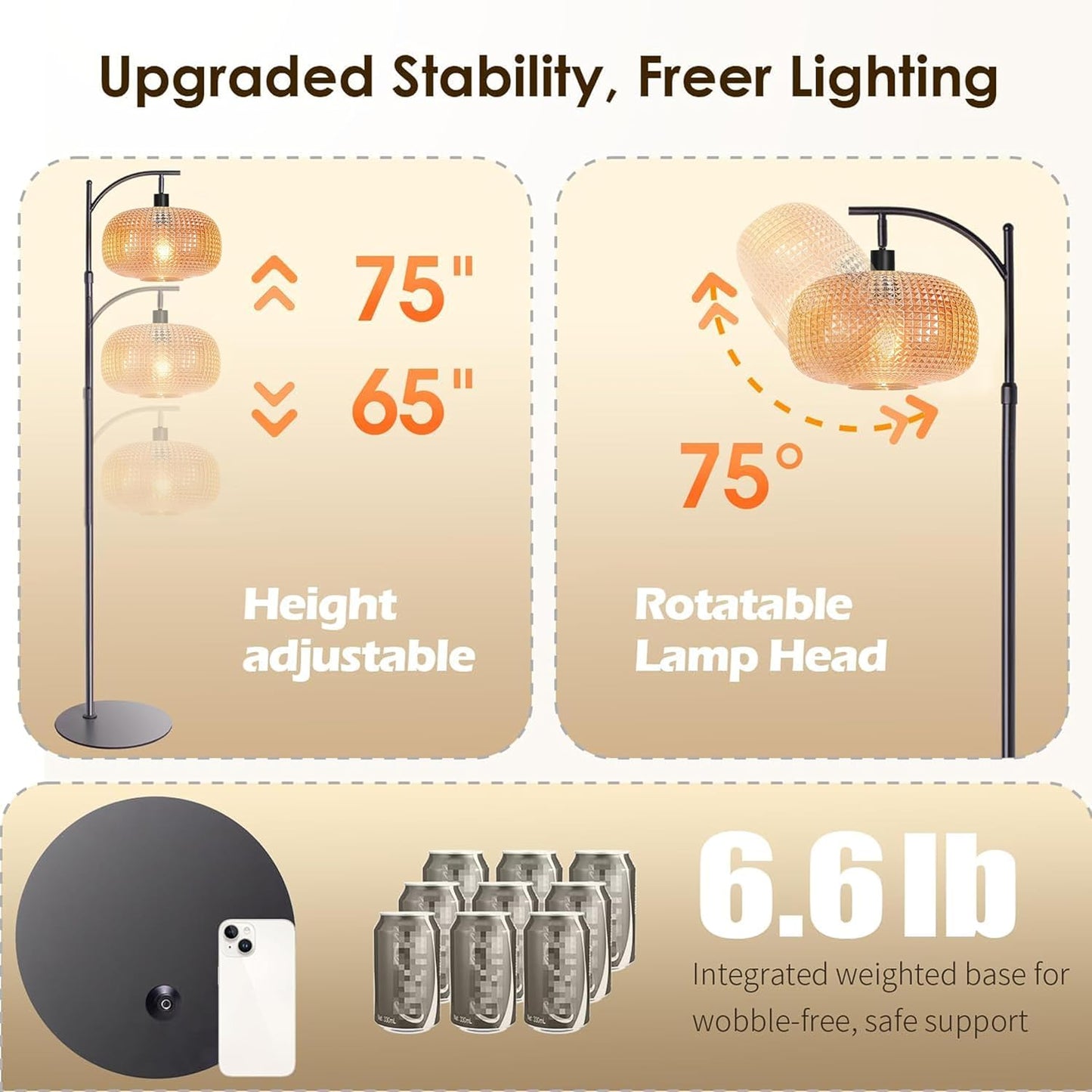 Modern Floor Lamps for Living Room, Dimmable Tall Standing Lamp with Amber Shade & Remote Control, Glass Floor Lamps for Bedroom Office Corner, 1 x 12W LED Bulb Included