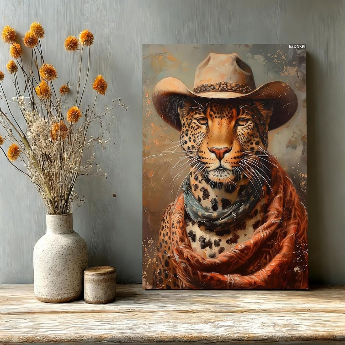 Cowboy Leopard Art Print Fun Western Painting Southwestern Farmhouse Decor Leopard in a Cowboy Hat Portrait Eclectic Maximalist Print Framed 8x12inch