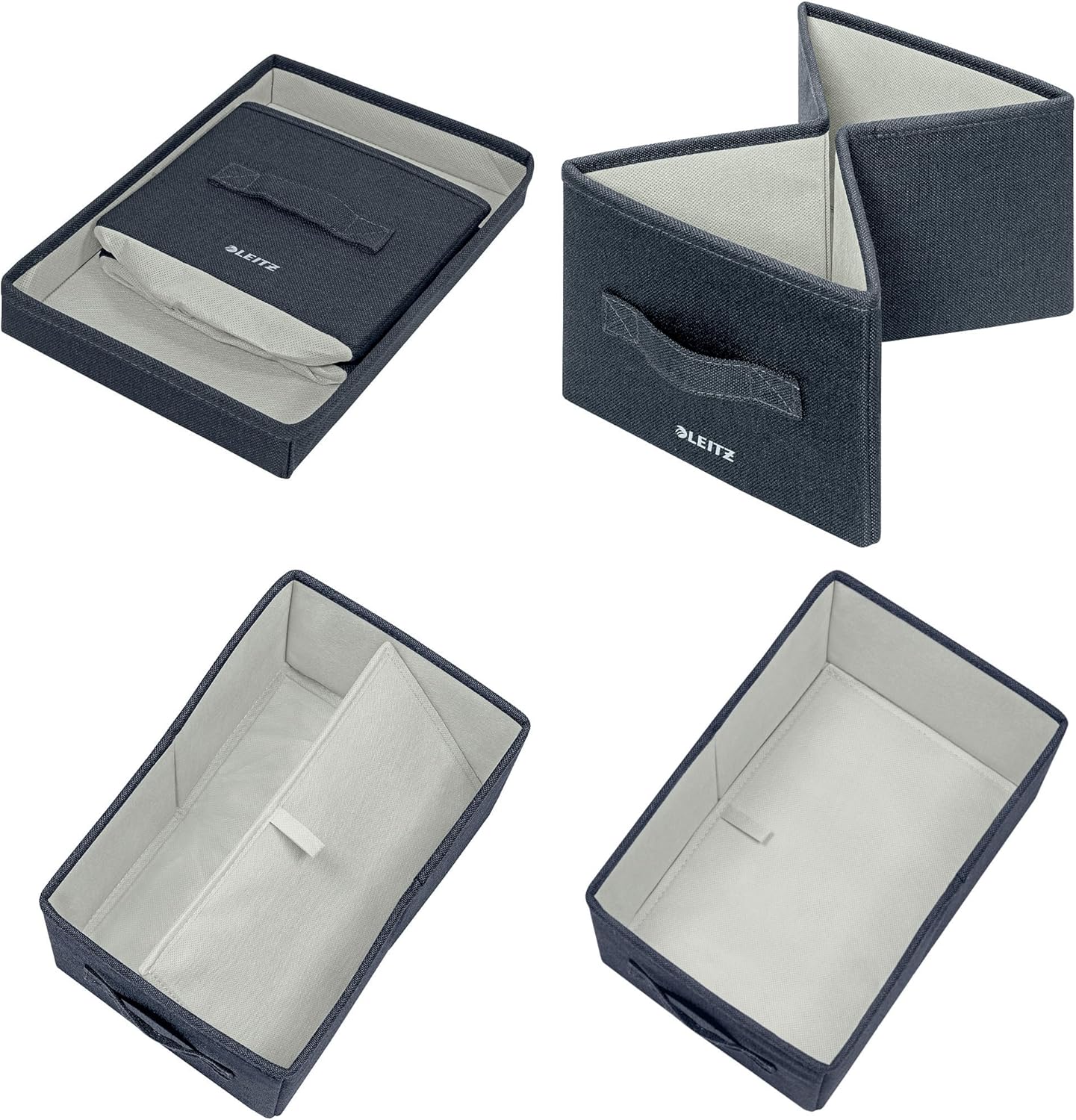 Leitz Fabric Storage Box with Lid, Set of 2 Cube Storage Unit Boxes, Foldable Fabric Ottoman Storage Organiser Box, Velvet Grey, Small, 61460089