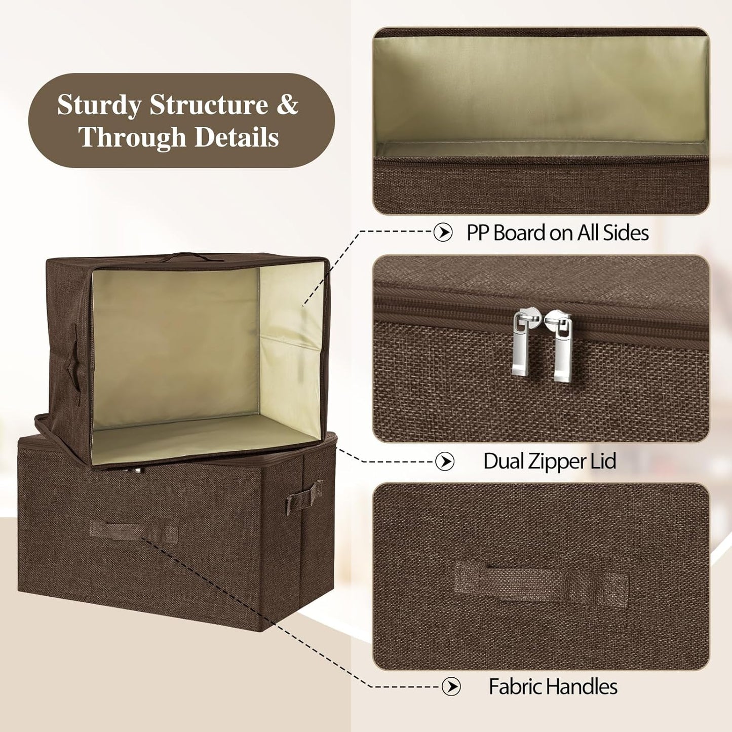 ANMINY 3PCS Storage Bins with Zipper Lids 36 Qt Lidded Fabric Storage Boxes Baskets Cubes with Handles Collapsible Washable Cotton Linen Closet Shelf Clothes Organizer Containers - Coffee, Large