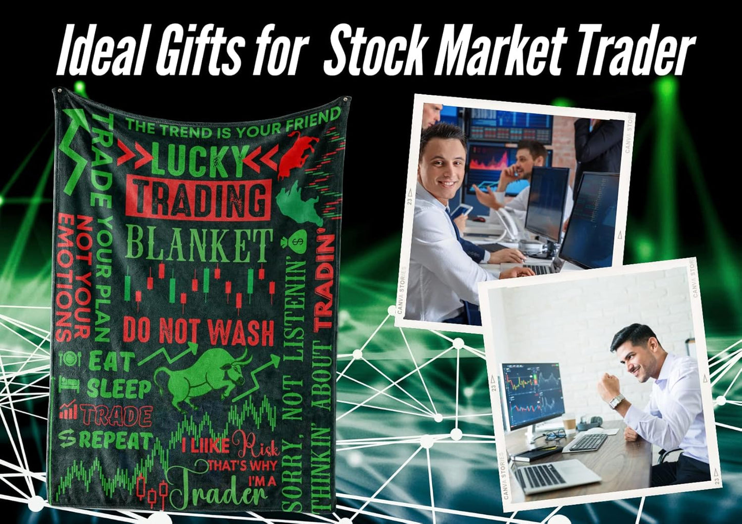 InnoBeta Stock Market Gifts, Lucky Trading Blanket for Men and Women, Flannel Throw Blanket for Trader, Broker, Financial Advisor, Investor, Green, 50x65 Inches