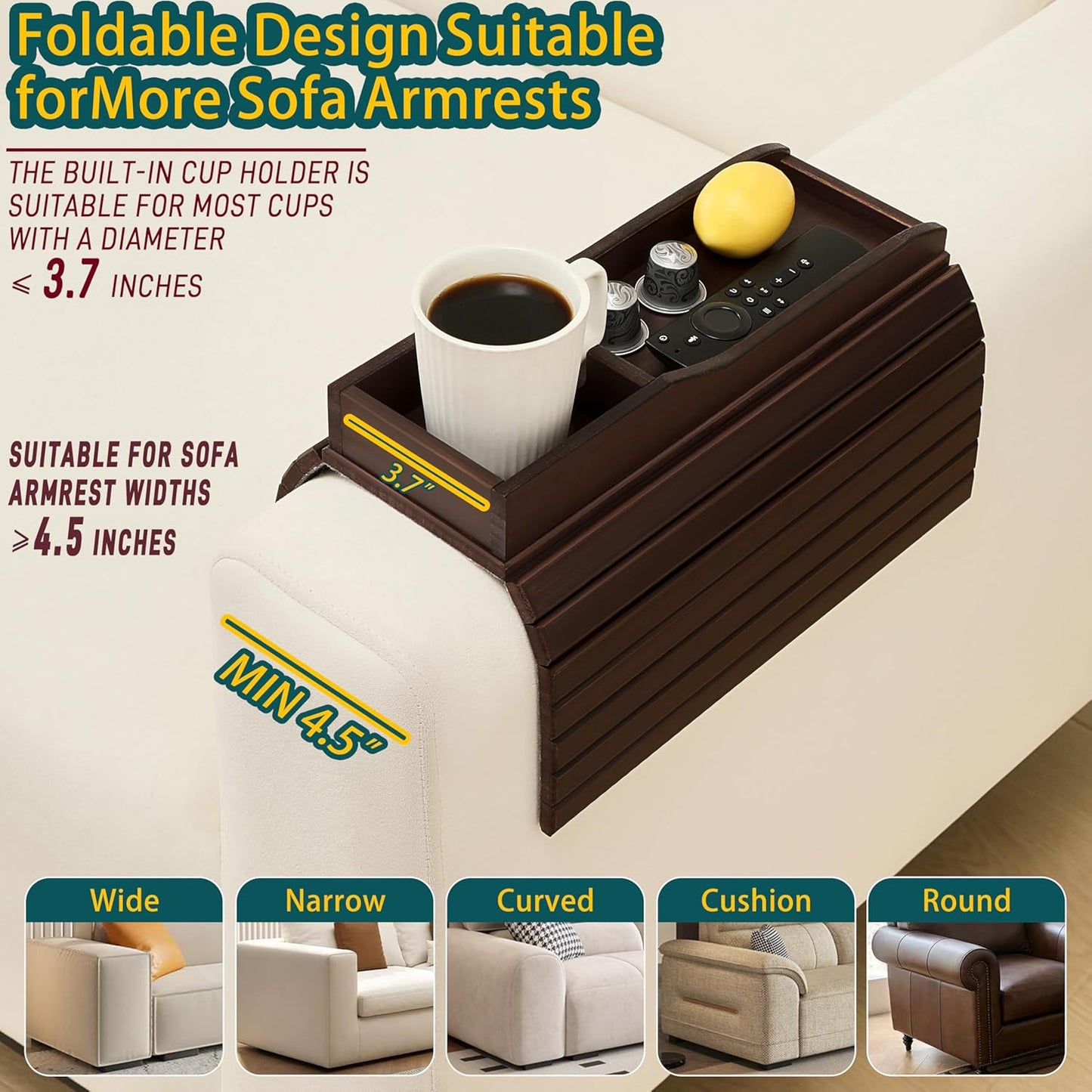 Bamboo Couch Cup Holder Arm Tray Table，Couch Drink Holder，Sofa Cup Holder Armrest Tray，Anti-Slip Foldable Arm Chair Table Tray Recliners for Drink,Cups, Snacks, Phone, Remote