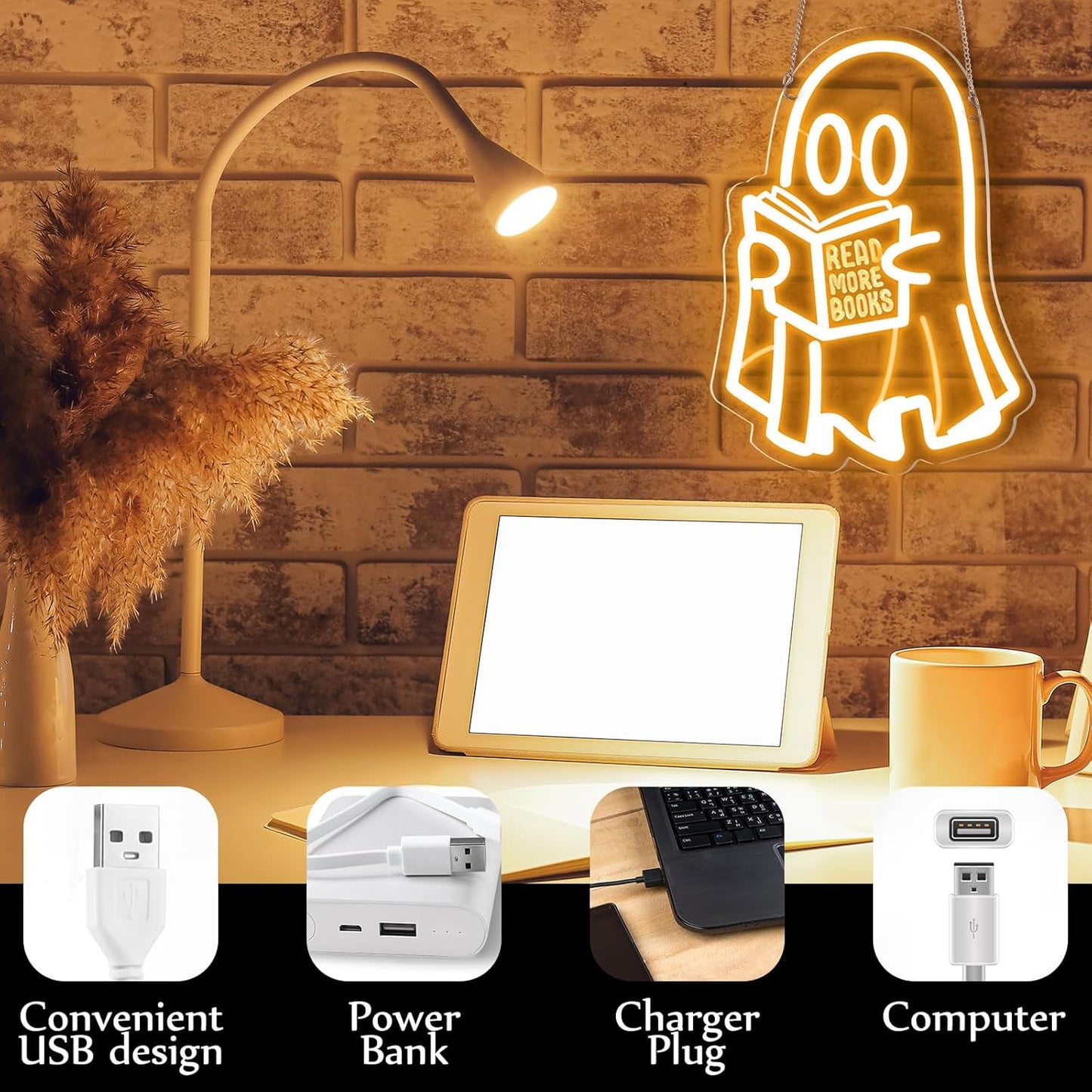 Retisee Ghost Reading Book Lamp Reading Ghost Neon Sign LED Room Hanging Sign Book Neon Light for Bedroom Home Library Read Club Kids Room Store Lover Gifts
