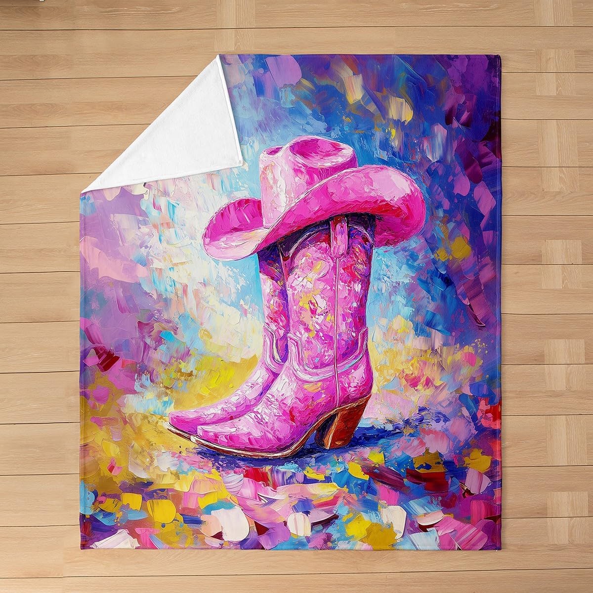 Cowgirl Boot Flannel Blanket,Western Cowgirl Rustic Farmhouse Bed Blanket for Girls Women,Geometric Graffiti Tie-dye Hip-hop Fleece Blanket,Country Retro Fuzzy Blanket,Throw Size (50 x 60 Inches)
