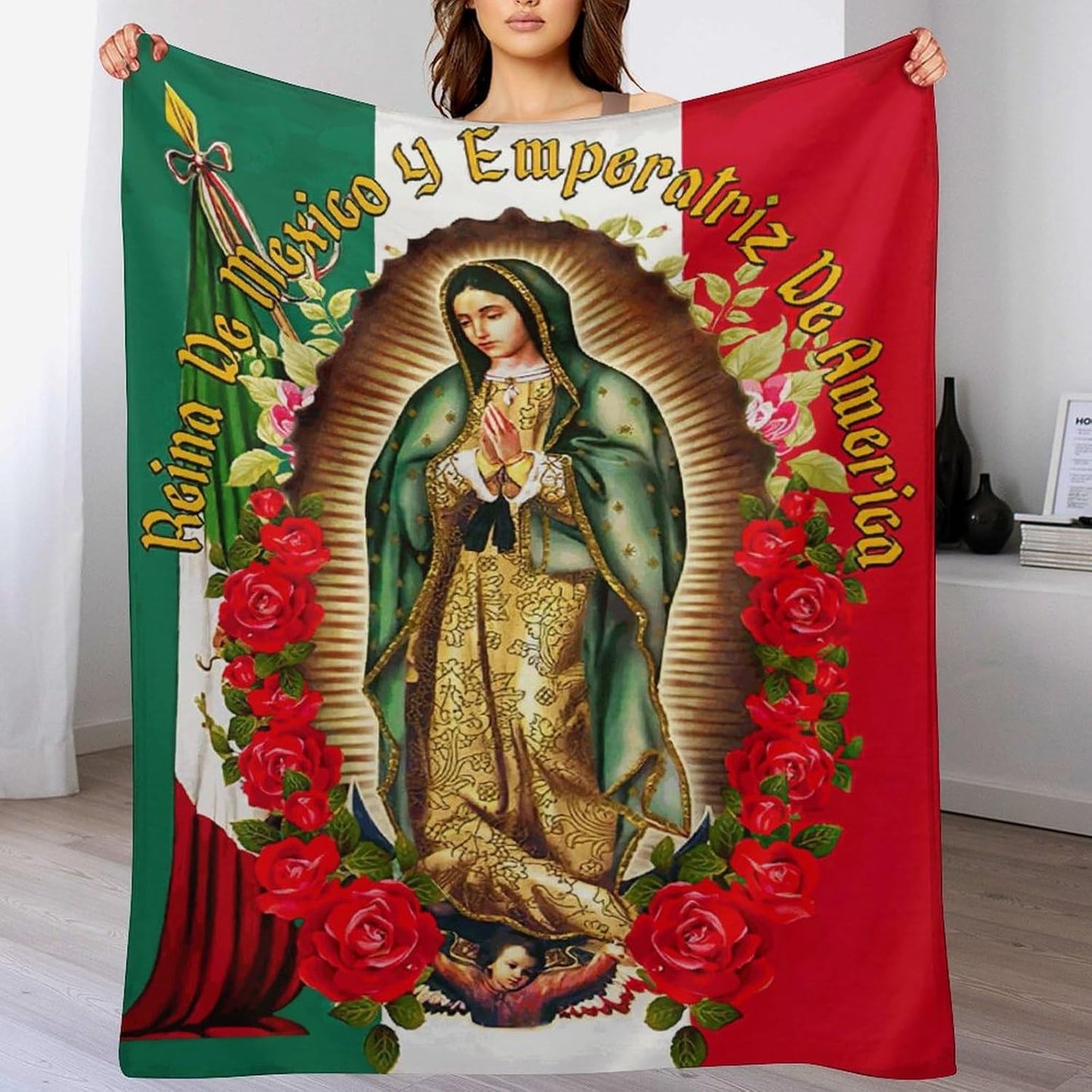 Christmas Throw Blanket for Couch Virgen De Guadalupe Our Lady of Virgin Mary Mexican Flag Elements Lightweight Blankets for Sofa, Bed Cozy Microfiber Blanket 40"x60"